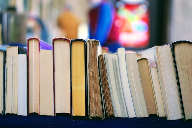 Een foto van 15 boeken die horizontaal naast elkaar staan